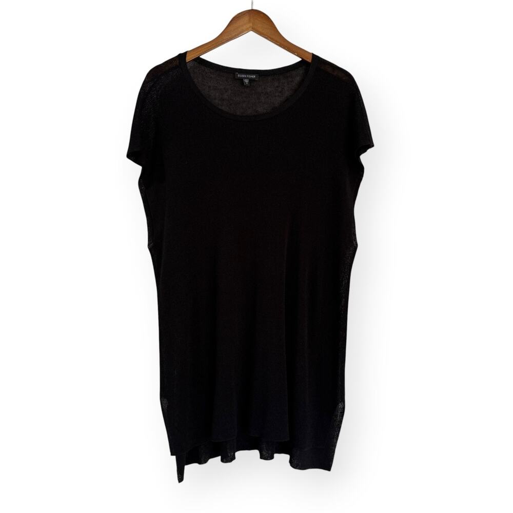 Eileen Fisher Black Linen Blend Sheer Knit Tunic Top Italian Yarn M Lightweight